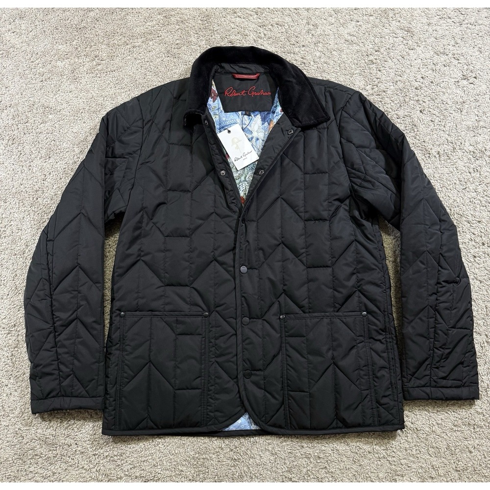Robert Graham Jacket Black Quilt Lining Luxury Puffer Corduroy Collar M NWT